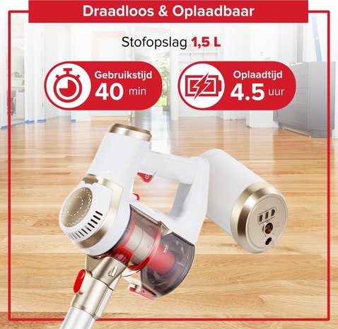 Qumax Draadloze Steelstofzuiger met Accessoires - Stofzuiger Zonder Zak - Kruimeldief - Snoerloos - 9/18 Kpa - Werktijd tot 40 min