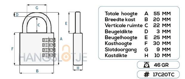 Cijfersloten Messing 20mm