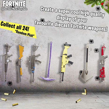 Fortnite 3D sleutelhanger, wapens van metaal, om te verzamelen en te ruilen, ca. 12 cm, gesorteerd