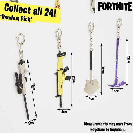 Fortnite 3D sleutelhanger, wapens van metaal, om te verzamelen en te ruilen, ca. 12 cm, gesorteerd