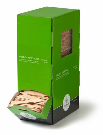 Biodore&reg; fritesvork hout FSC 80mm in dispenserdoosje, 2000 stuks